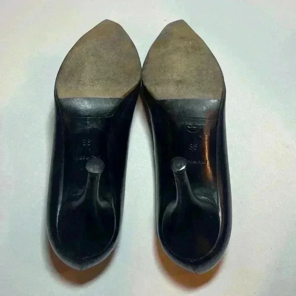 Chanel Vintage Black Pointed Square Toe Heels Bow 36 Leather Mules Gold CC Logo